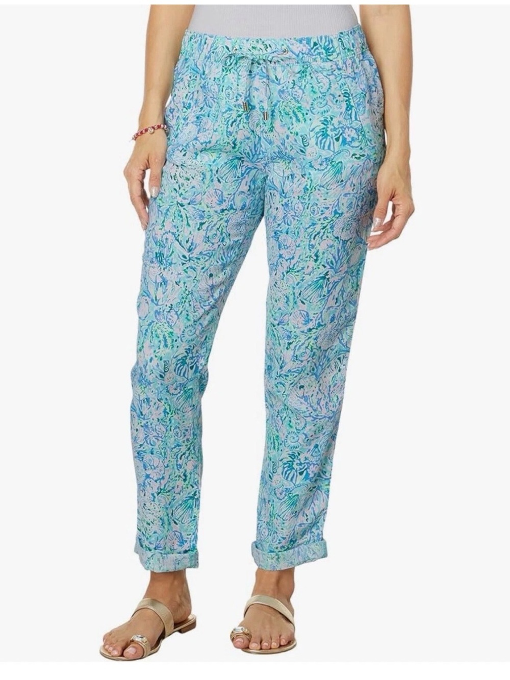 Lilly Pulitzer Taron Pull On 100% Linen Pants Surf Blue Soleil It On Me Large